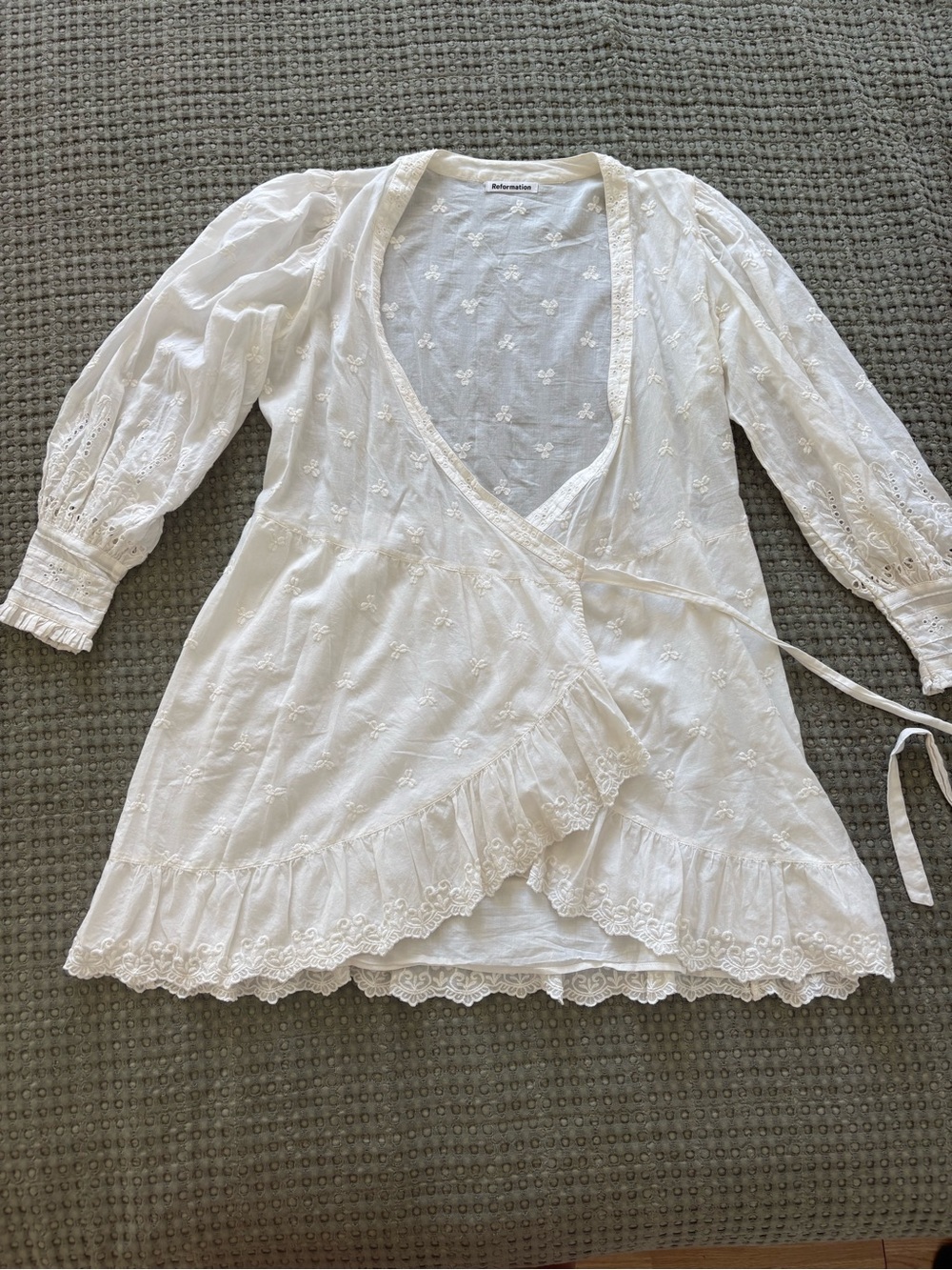 Reformation White Eyelet Wrap Mini Dress